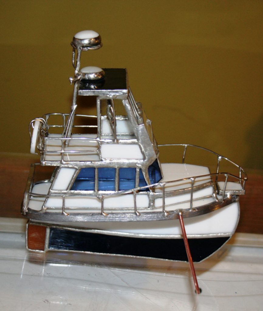 Custom stained glass trawler with wire details