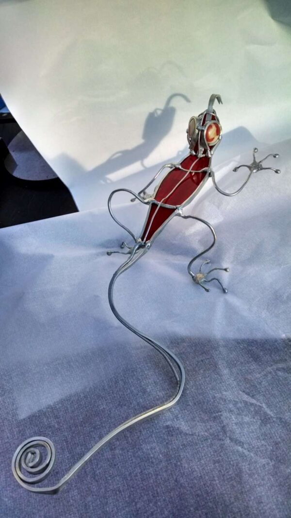Stained Glass and Wire Large Red Lizard Garden Art